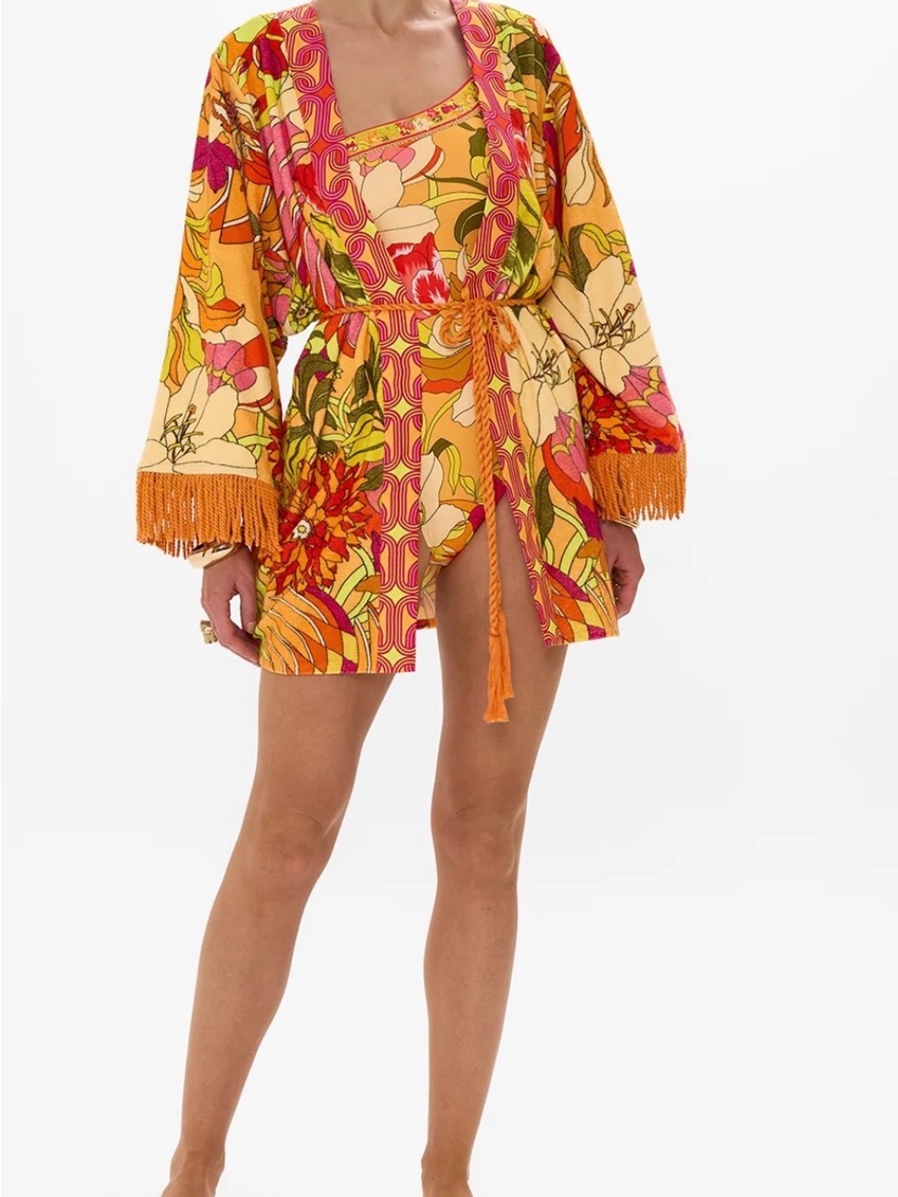 0218 Emgee Floral Fringe Tie-Waist Kimono Jacket in Orange & Pink